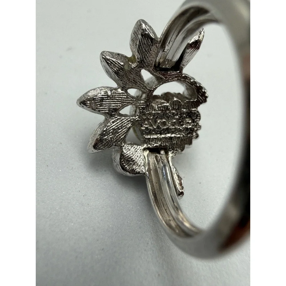 Avon Vintage Silver Tone Faux Pearl Rhinestone Sunburst‎ Bypass Ring Size 4.25
